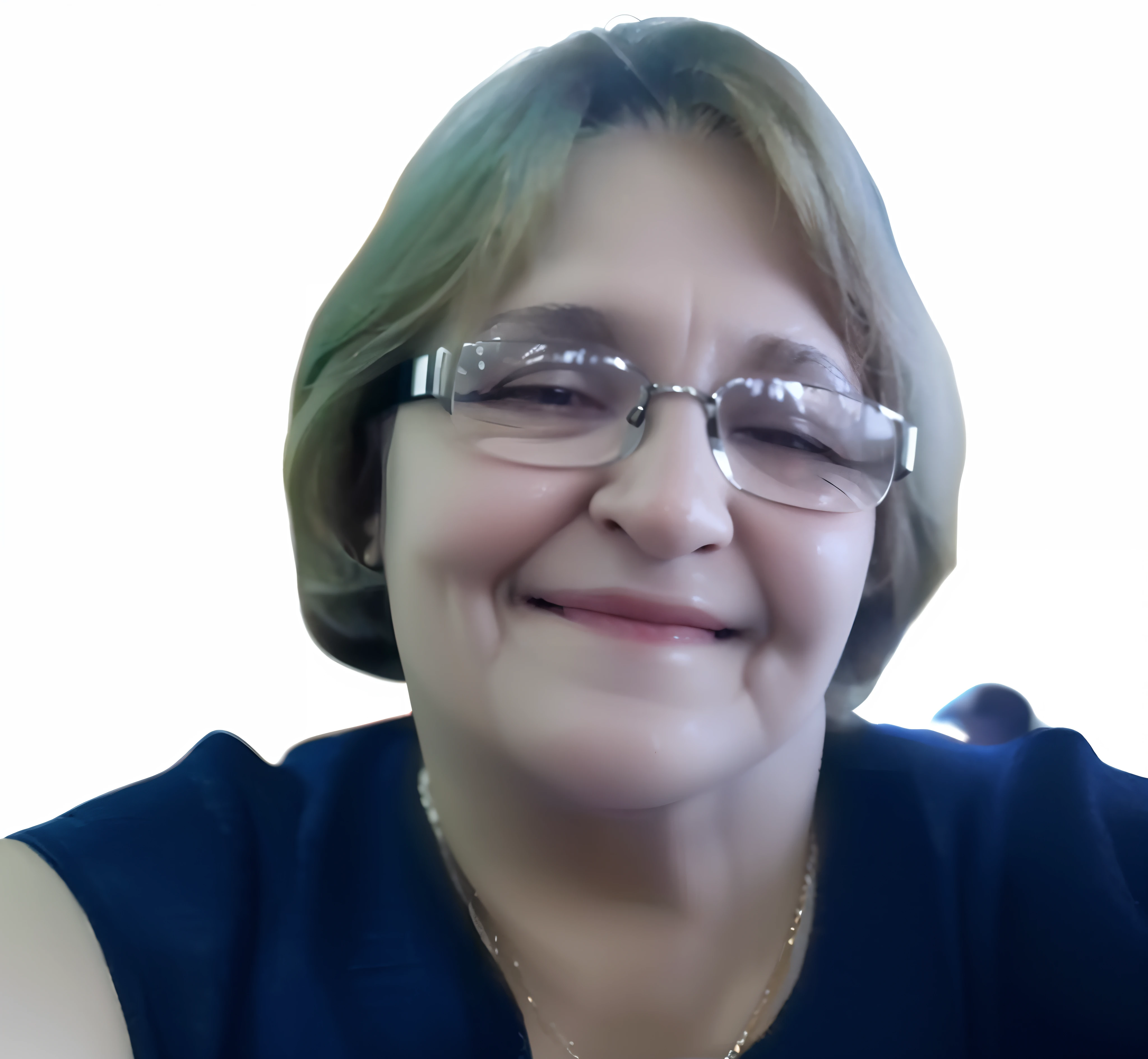 Smiling woman with glasses and a blue shirt sitting at a table, Magda Torres Gurza, imagem de perfil, jean james, fernanda suarez, Directed by: Nandor Soldier, Anos Imane, Magalie Villeneuve, Lorena Avarez, Ana Stokes, 7 0 anos, 70 anos, Monserrat Gudiol