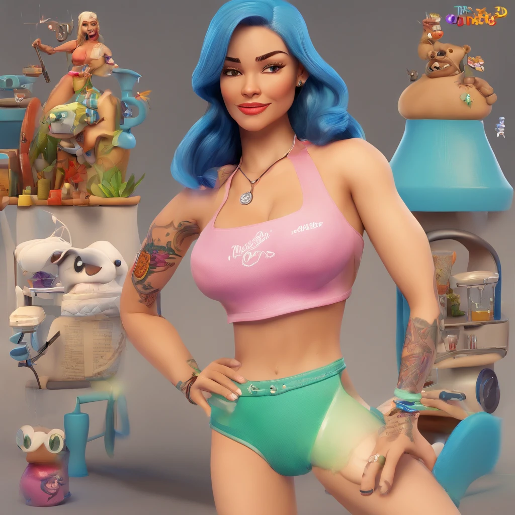 create a 3D movie poster inspired by Disney Pixar, The scene should be in Pixar's signature digital art style, com uma imagem caricatural que lembra a cantora brasileira "Anita" in the prone position, Wearing a bikini while a tattoo artist is sitting tattooing with a giant ring on one hand, inside a tattoo parlor.
