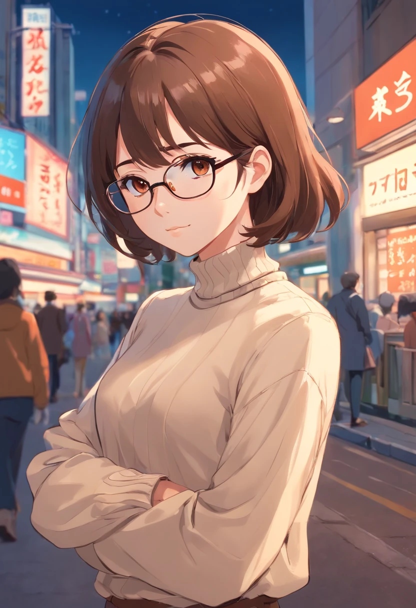 A woman with white skin color and brown hair, long brown eyes and glasses in a turtleneck blouse with pants