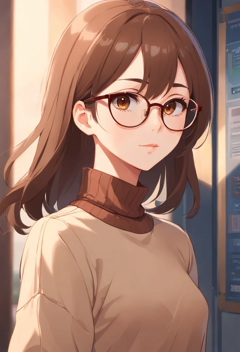 A woman with white skin color and brown hair, long brown eyes and glasses in a turtleneck blouse with pants