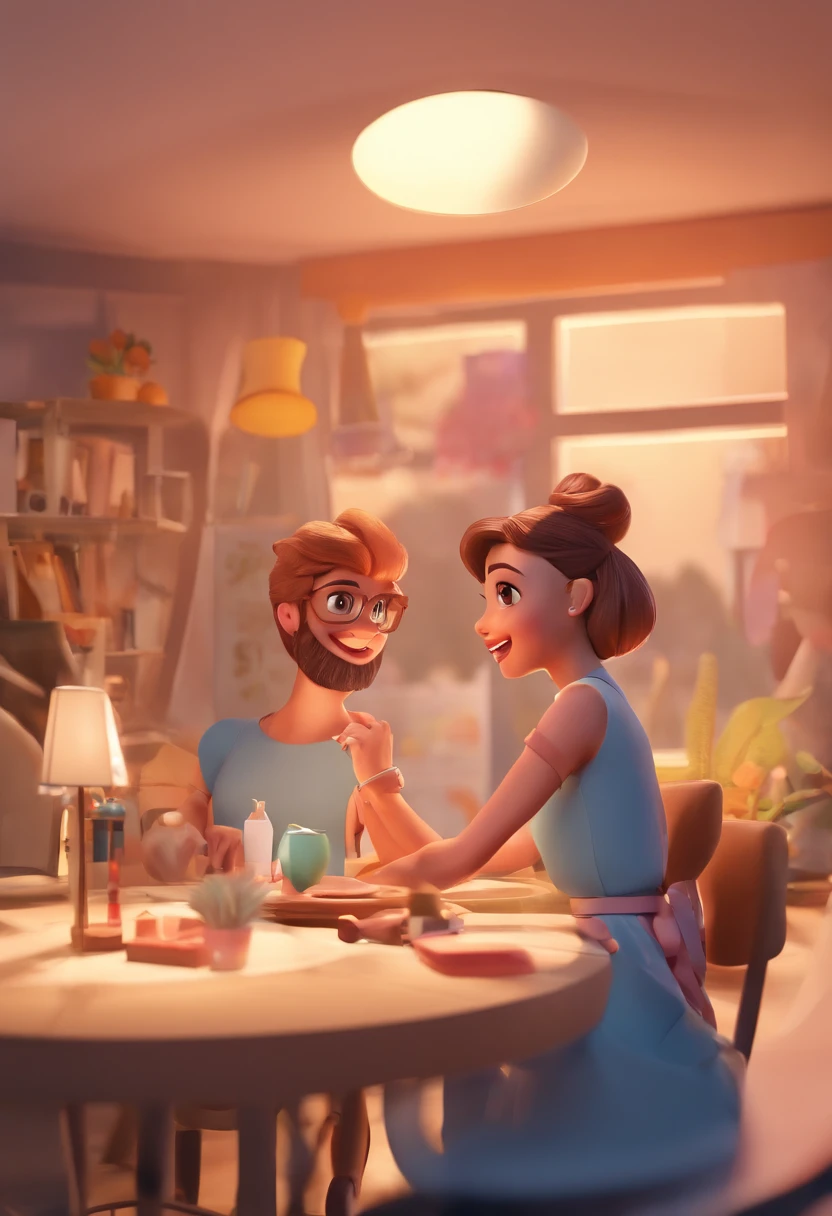 An illustration of an adorable couple, Destacando um homem e uma mulher com beleza, Expressive eyes – the man's hair is bald and brown and he has a full beard, While the woman's hair is tied up in a bun and blonde. They are a bright space, Todos com um sorriso no rosto, e compartilhe um momento especial, That is marked by love, viagem, and pedagogical insights. Ilustre esta cena a partir de uma perspectiva, where they're facing away from the camera, Show Your Connection. Desenvolva esta arte em Full HD, Focus on your cinematic touch, Estilo Disney Pixar Animations