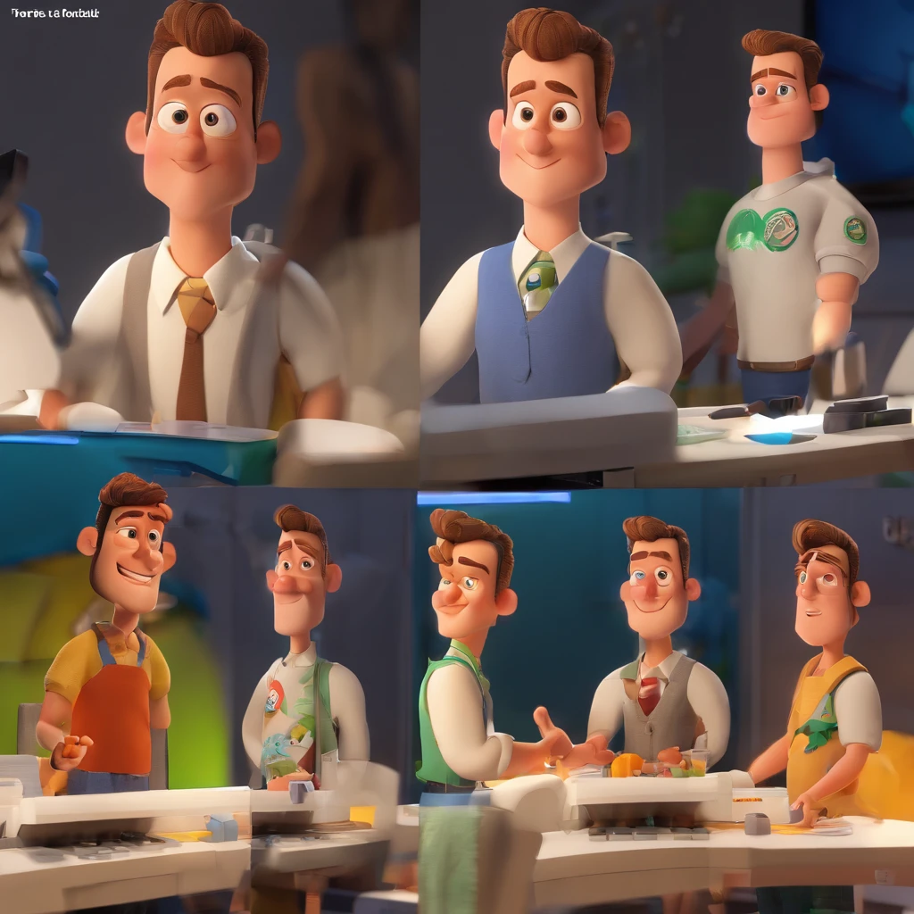 Criar um personagem no estilo Pixar. Trata-se de um homem de 22 anos, sem barba, Branco, com cabelos pretos crespos e um quiff, e olhos castanhos claros. Ele deve estar na frente de um computador, Trabalhar como designer