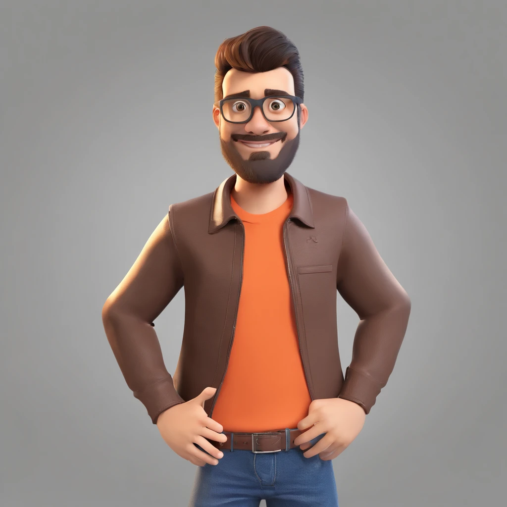Criar um personagem no estilo Pixar. Trata-se de um homem de 22 anos, sem barba, Branco, com cabelos pretos crespos e um quiff, e olhos castanhos claros. Ele deve estar na frente de um computador, Trabalhar como designer