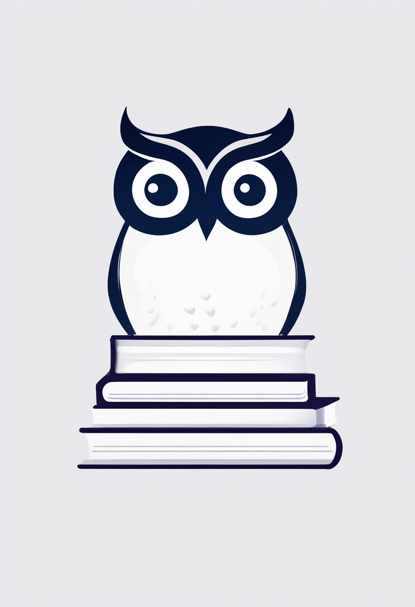 Simple logo design with gradient effect, vector art, Minimalist design, Gradient Effect, Do it in style, Similar to freehand drawing, Use purple colors, blau, Blue Blue and Plain White Outline Line. The logo is a simple image of an owl on books. Imagine the image like this, It's as if the camera is watching the scene from a position just below, Making an impression, that the owl is slightly higher than the observer, but not too far. whitebackground. Black and White Owl