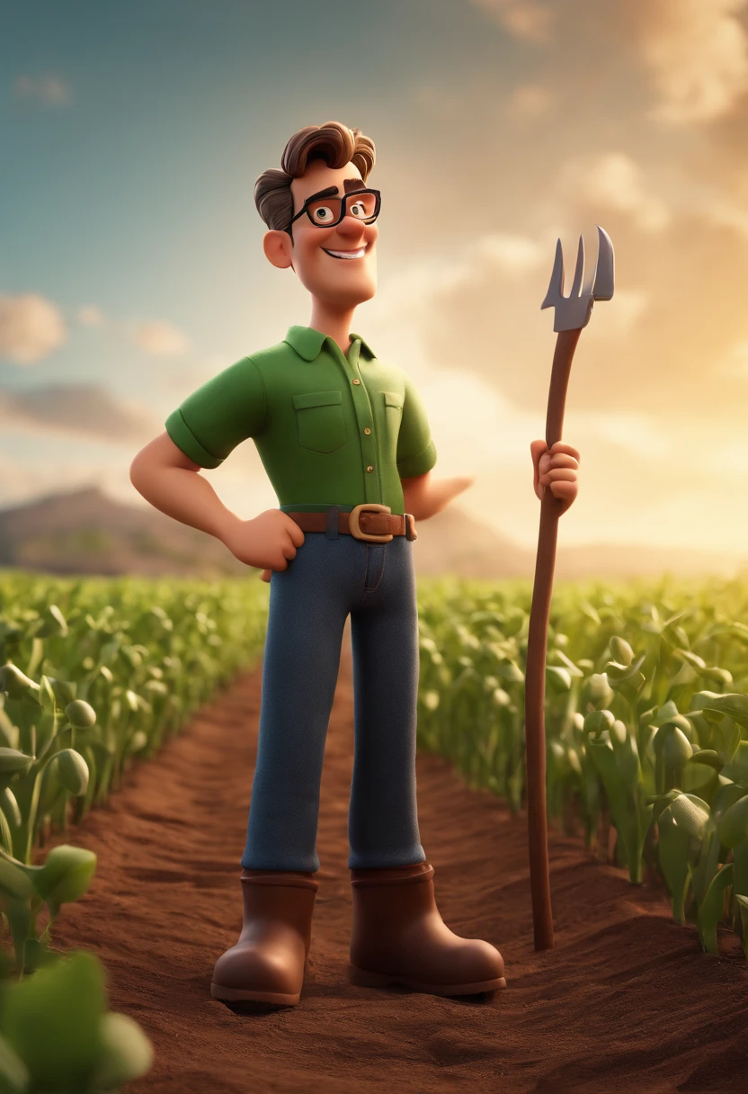 Cartoon character of a man with black glasses and a dark green shirt in field farming and holding soil, animation character, Caractere estilizado, animation style rendering, 3D estilizado, Arnold Maya render, 3 d render stylized, toon render keyshot, Personagem 3D, Personagem 3D, 3d rendering stylized, 3 d character render, personagem de desenho animado, Personagem de close up, Pose de personagem, (Estilo Pixar) (master part:1.2) (Bokeh) (best quality) (pele detalhada) (textura detalhada) (8k) (argila) (Cinematic lighting) (foco nítido