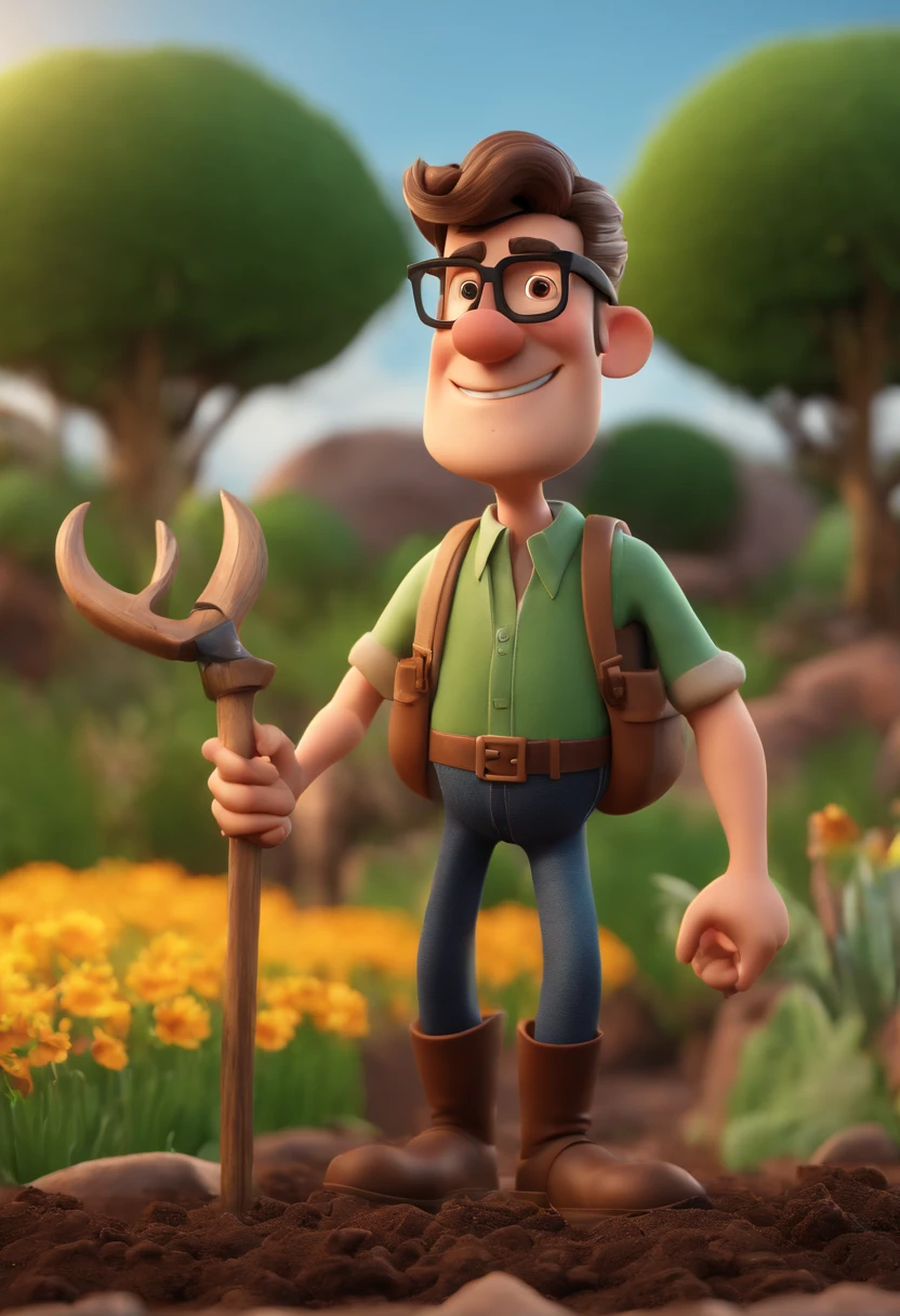 Cartoon character of a man with black glasses and a dark green shirt in field farming and holding soil, animation character, Caractere estilizado, animation style rendering, 3D estilizado, Arnold Maya render, 3 d render stylized, toon render keyshot, Personagem 3D, Personagem 3D, 3d rendering stylized, 3 d character render, personagem de desenho animado, Personagem de close up, Pose de personagem,  (Estilo Pixar) (master part:1.2) (Bokeh) (best quality) (pele detalhada) (textura detalhada) (8k) (argila) (Cinematic lighting) (foco nítido