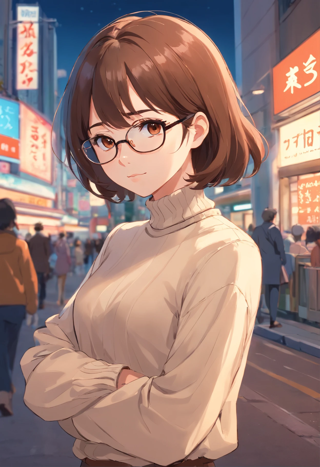 A woman with white skin color and brown hair, long brown eyes and glasses in a turtleneck blouse with pants