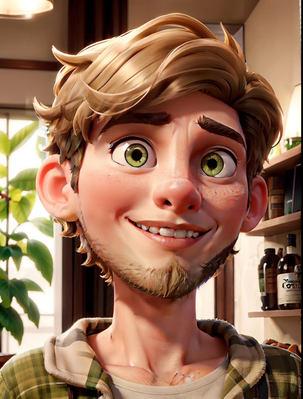 YOUNG BLOND MAN WITH SYMMETRICAL GREEN EYES, SHORT BEARD AND SHORT WAVY HAIR WITH MOBILE PHONE IN HAND MAKING DIGITAL CONTENT