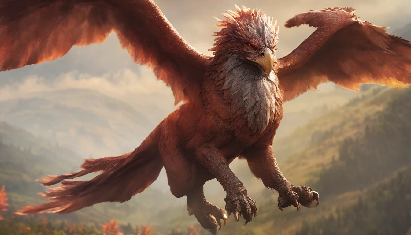 ((a creature with eagle head)) wings and lion body. griffin, chiaroscuro, cinematic lighting, motion blur, atmospheric perspective, UHD, masterpiece, super detail, high details, high quality, best quality, highres, 8k