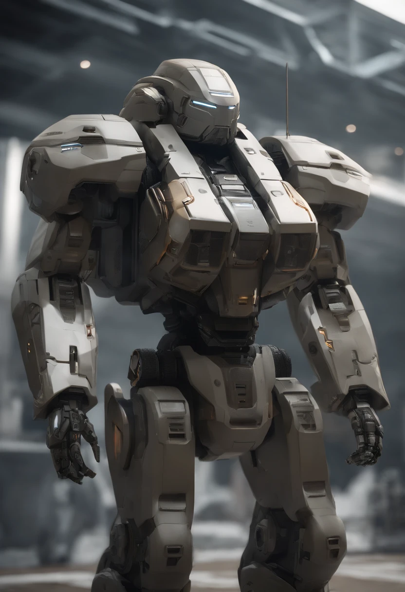 Mech standing, frontal de corpo inteiro, simples_Background Story, Branco_Background Story, Aço Reggie, metalic, areia preta, Laser vision, Owtech, scientific fiction, Estilizado, Ghibli, flat monochrome drawing, luz e sombra realistas, Cyberpunk, Futuristic, arte digital, best quality, graphic animation, SFW, setor estelar, science fiction style, Produto de alta tecnologia, scientific fiction, fantasia, Detalhe muito detalhado, pintura digital, trends on artstation, arte conceitual, foco nítido, illustration,