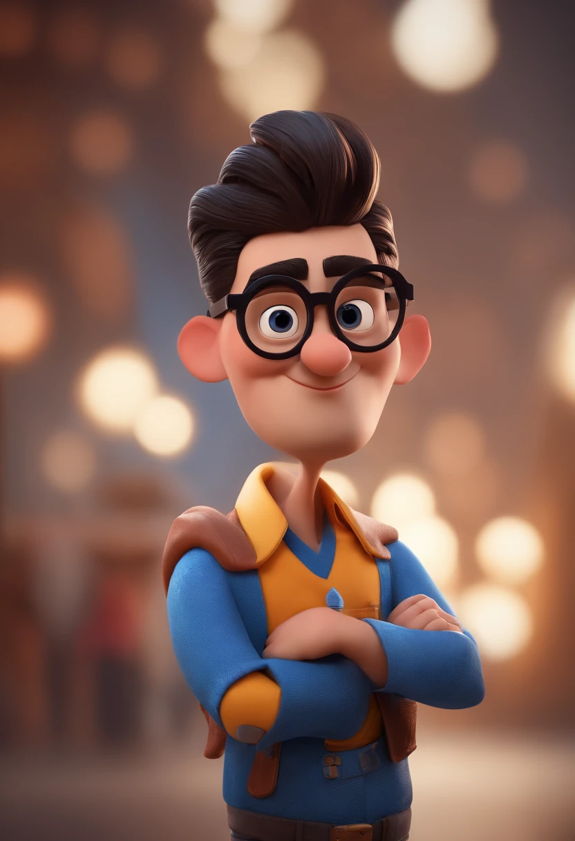 Cartoon character of a man with black glasses and a blue shirt, animation character, Caractere estilizado, animation style rendering, 3D estilizado, Arnold Maya render, 3 d render stylized, toon render keyshot, Personagem 3D, Personagem 3D, 3d rendering stylized, 3 d character render, personagem de desenho animado, Personagem de close up, Pose de personagem, (Estilo Pixar) (master part:1.2) (Bokeh) (best quality) (pele detalhada) (textura detalhada) (8k) (argila) (Cinematic lighting) (foco nítido