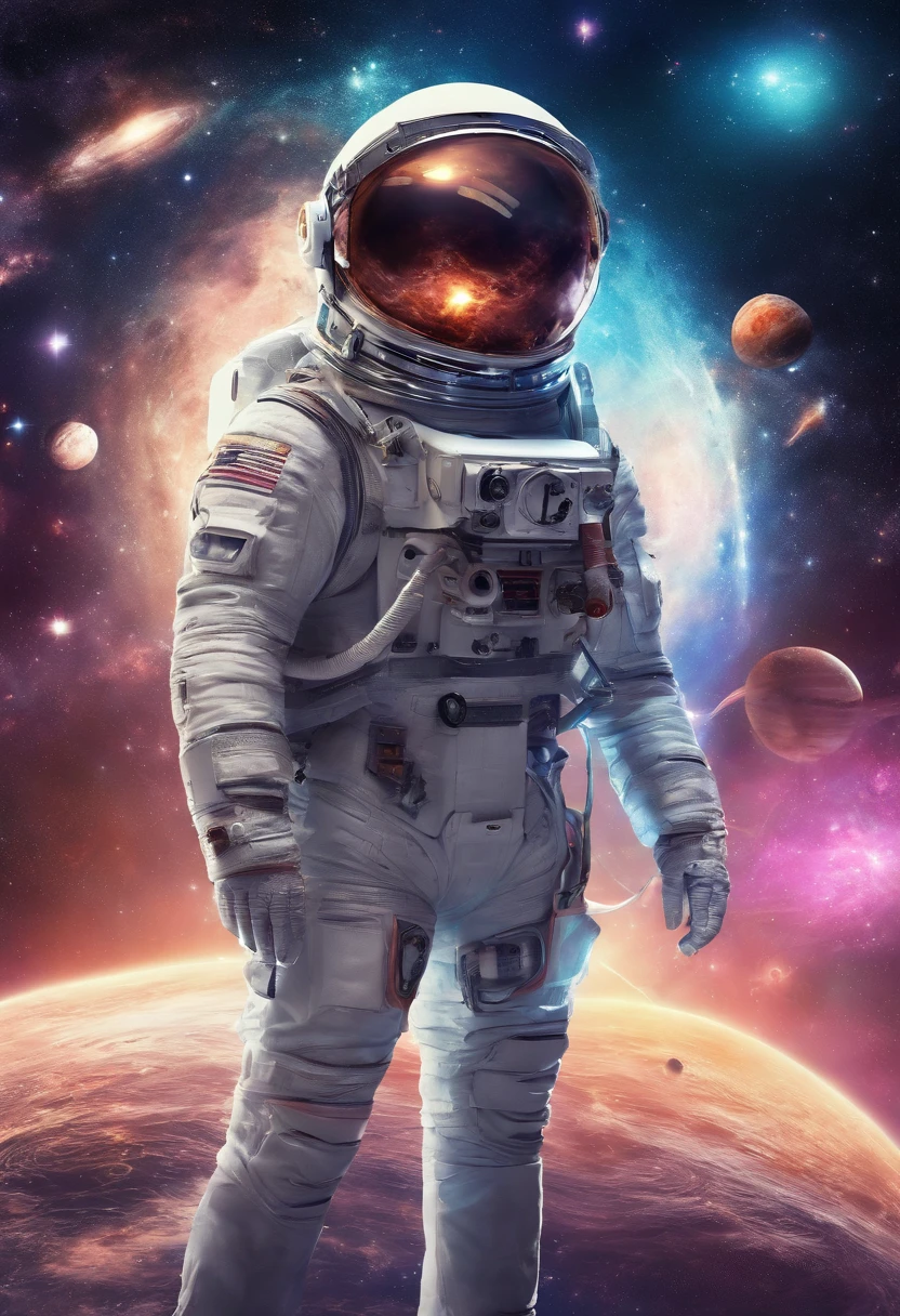 Um astronauta, com roupa espacial, vagando pelo universo, passando perto do planeta saturno. plano de fundo sistema solar, alta resolução, melhor qualidade