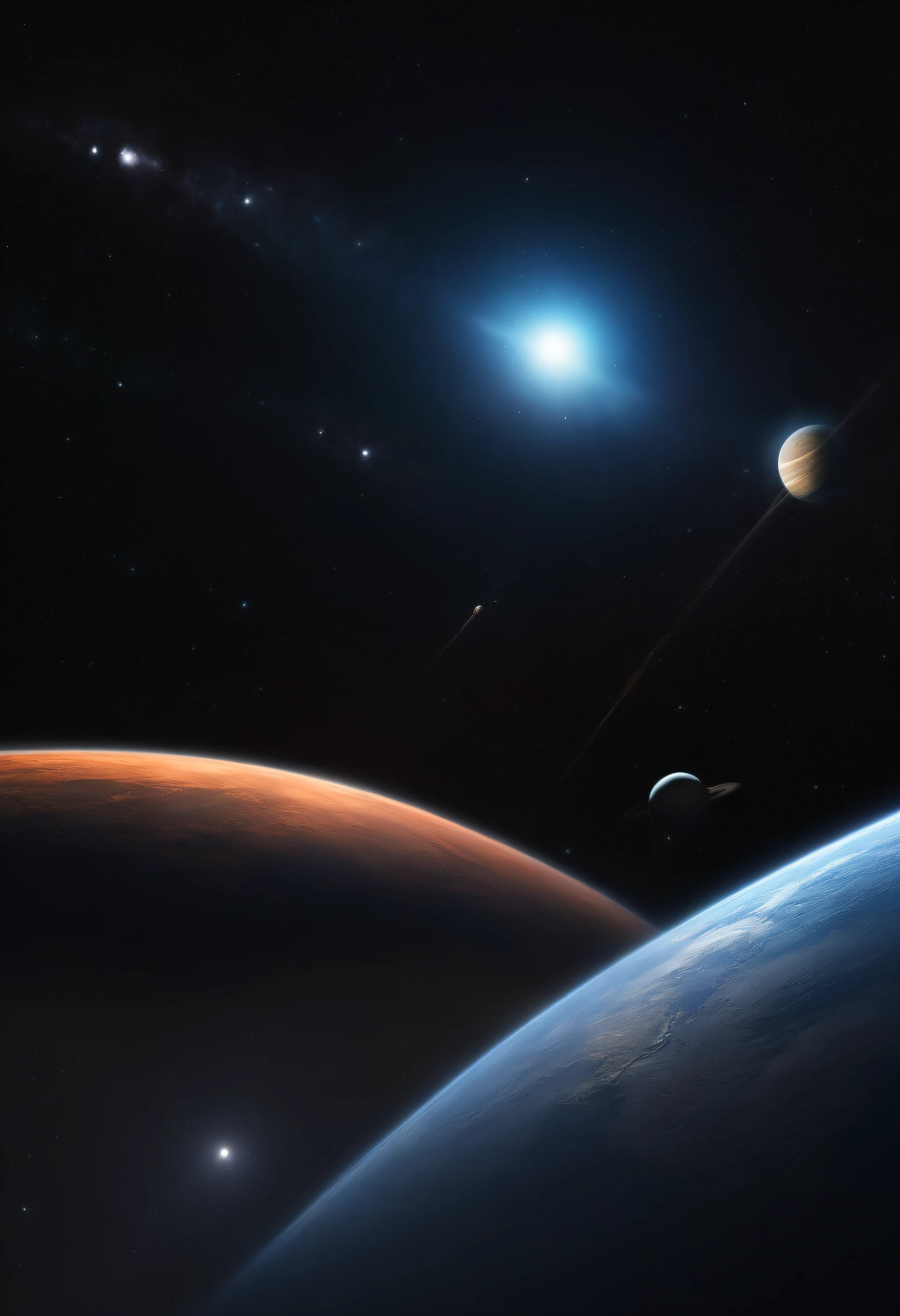 The Entirely Black Space, with a view to all the planets in the solar system, As the earth is pierced by a giant Divine Spear