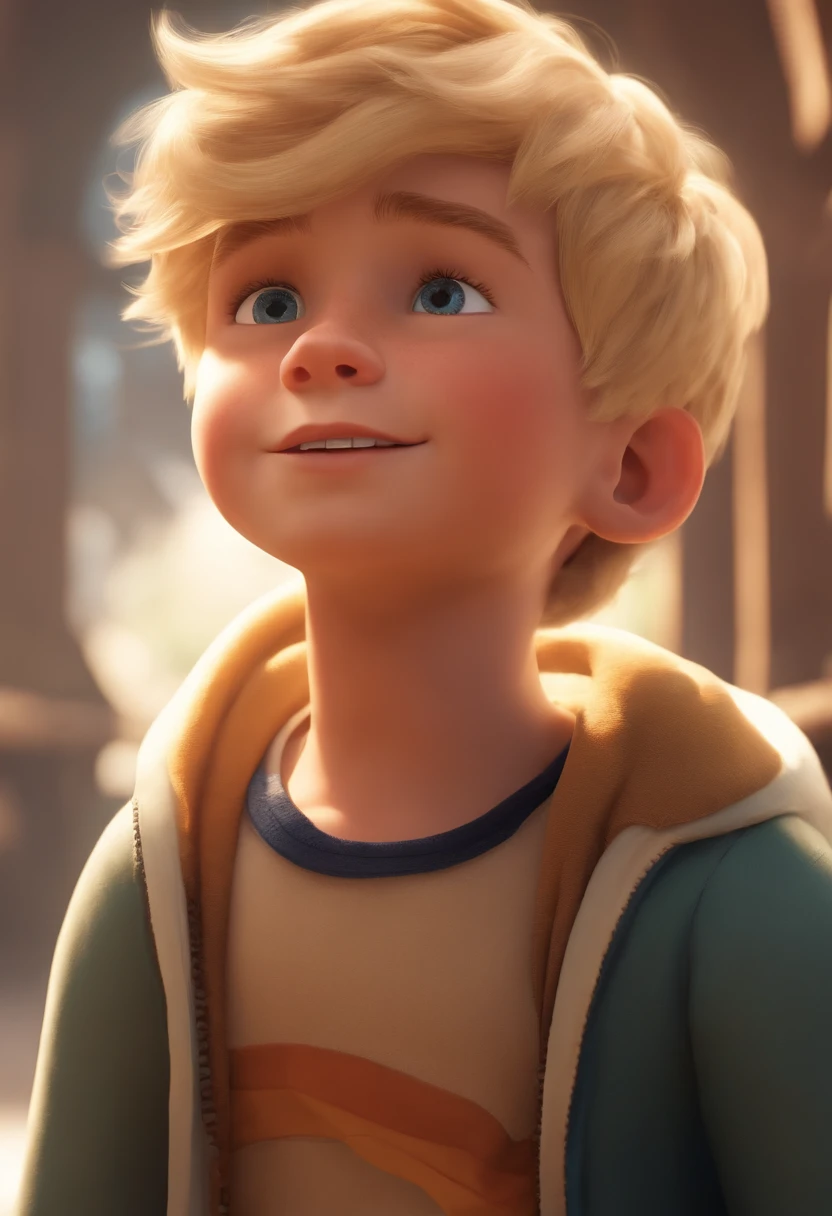 Image of a boy for a story in a YouTube video in Pixar format, he's blond, He's the class leader, He's outgoing, Playful and gets up for a lot of things, meio banguelo