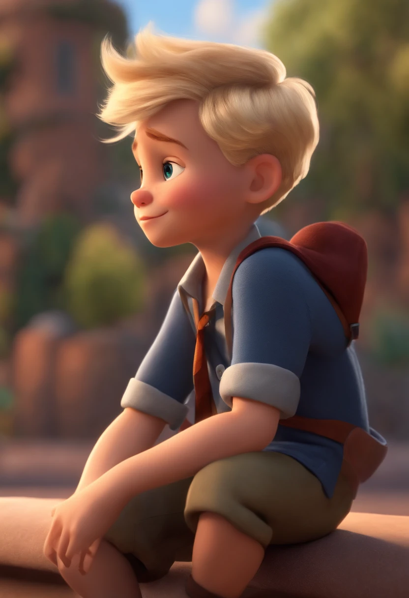 Image of a boy for a story in a YouTube video in Pixar format, he's blond, He's the class leader, He's outgoing, Playful and gets up for a lot of things, meio banguelo