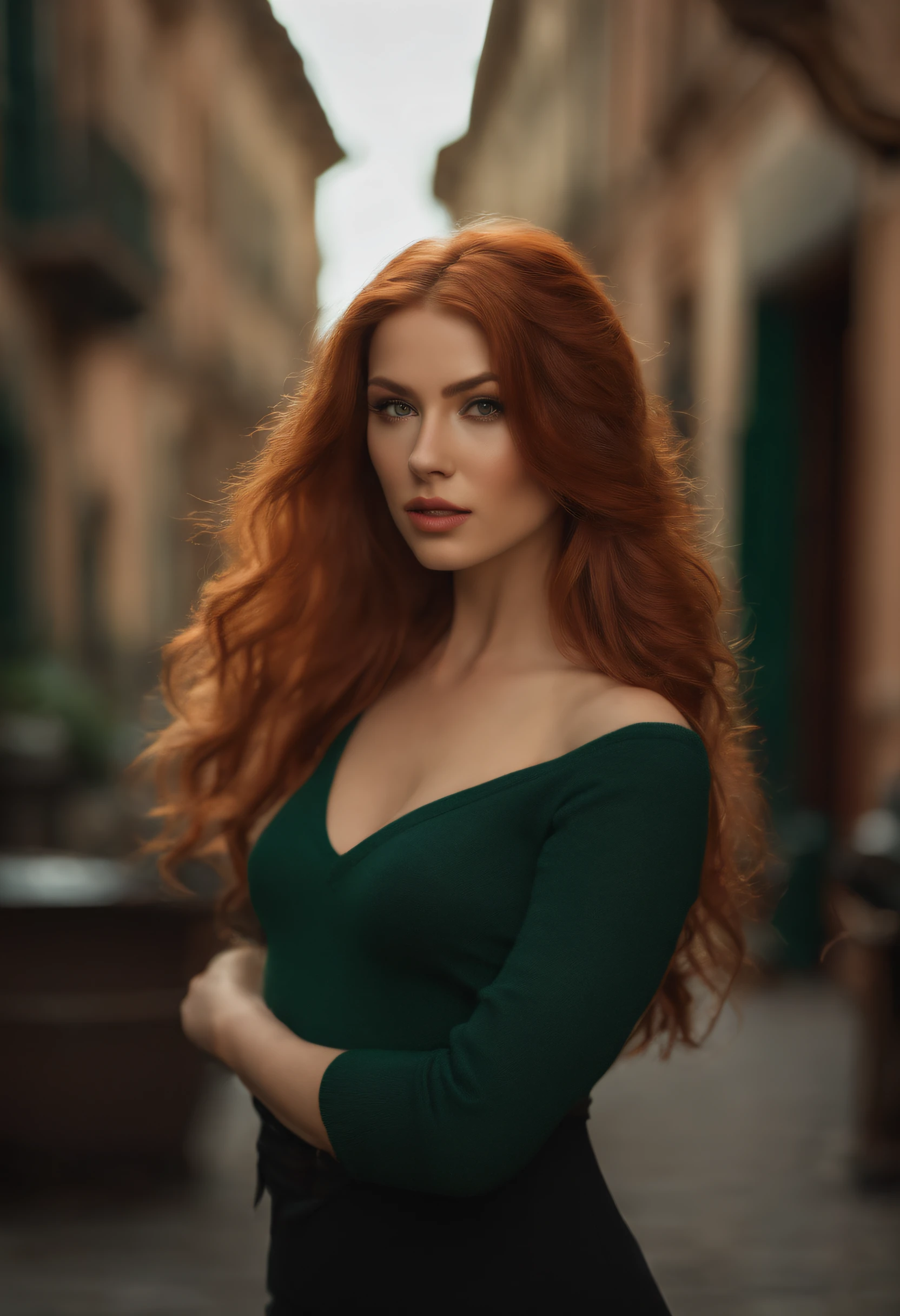 professional, (4k photo:1.1) by (Jeremy Lipking:0.3), (Dittmann Anna:0.3), (Arian Mark:0.3), (Sharp focus:1.3), high detail, wearing (tight shirt:1.2), beautiful detailed face, an attractive woman with long red hair looks into the camera, looking like actress Katherine McNamara, panasonic lumix s pro 50mm f/1.4, anne stokes, color splash, dark orange and dark emerald, ferrania p30, photo realistic, (attractive young woman:1.3), (seductive:1.1), (blushing:1.1), hourglass body shape, medium round breasts, wide hips, in background city, taking selfie, wearing jumper, with freckles