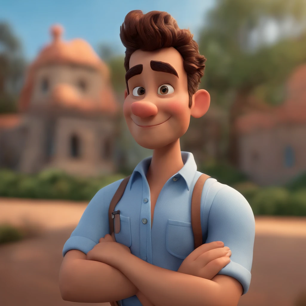 personagem dos desenhos animados de um homem em uma camisa azul, animation character, Caractere estilizado, animation style rendering, 3D estilizado, Arnold Maya render, 3 d render stylized, toon render keyshot, Personagem 3D, Personagem 3D, 3d rendering stylized, 3 d character render, personagem de desenho animado, Personagem de close up, Pose de personagem, (Estilo Pixar) (master part:1.2) (Bokeh) (melhor qualidade) (pele detalhada) (textura detalhada) (8k) (argila) (Cinematic lighting) (foco nítido