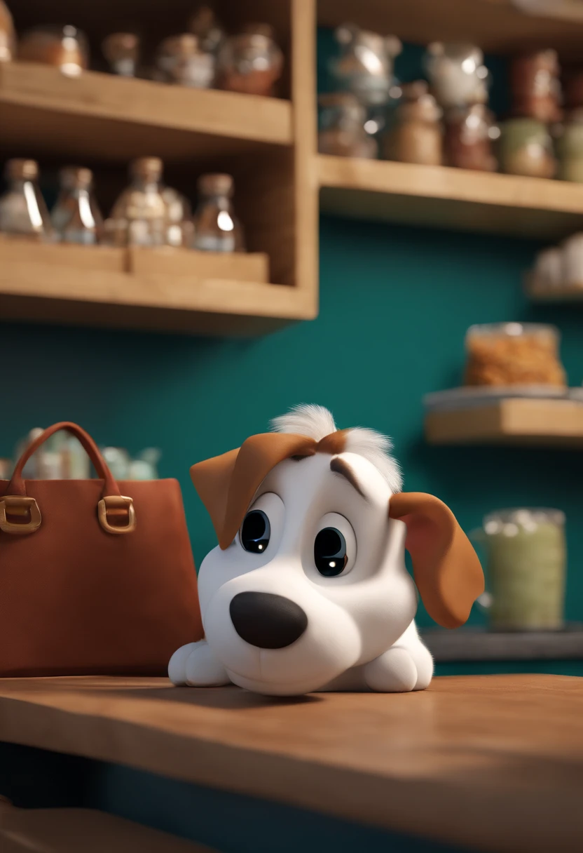 Pixar poster with the title of Ariat and his adventures, White Jack Russel Dog with Black Ears and Eyes with a Bag of Chips, animation character, Caractere estilizado, animation style rendering, 3D estilizado, Arnold Maya render, 3 d render stylized, toon render keyshot, Personagem 3D, Personagem 3D, 3d rendering stylized, 3 d character render, personagem de desenho animado, Personagem de close up, Pose de personagem, (Estilo Pixar) (master part:1.2) (Bokeh) (best quality) (pele detalhada) (textura detalhada) (8k) (argila) (Cinematic lighting) (foco nítido