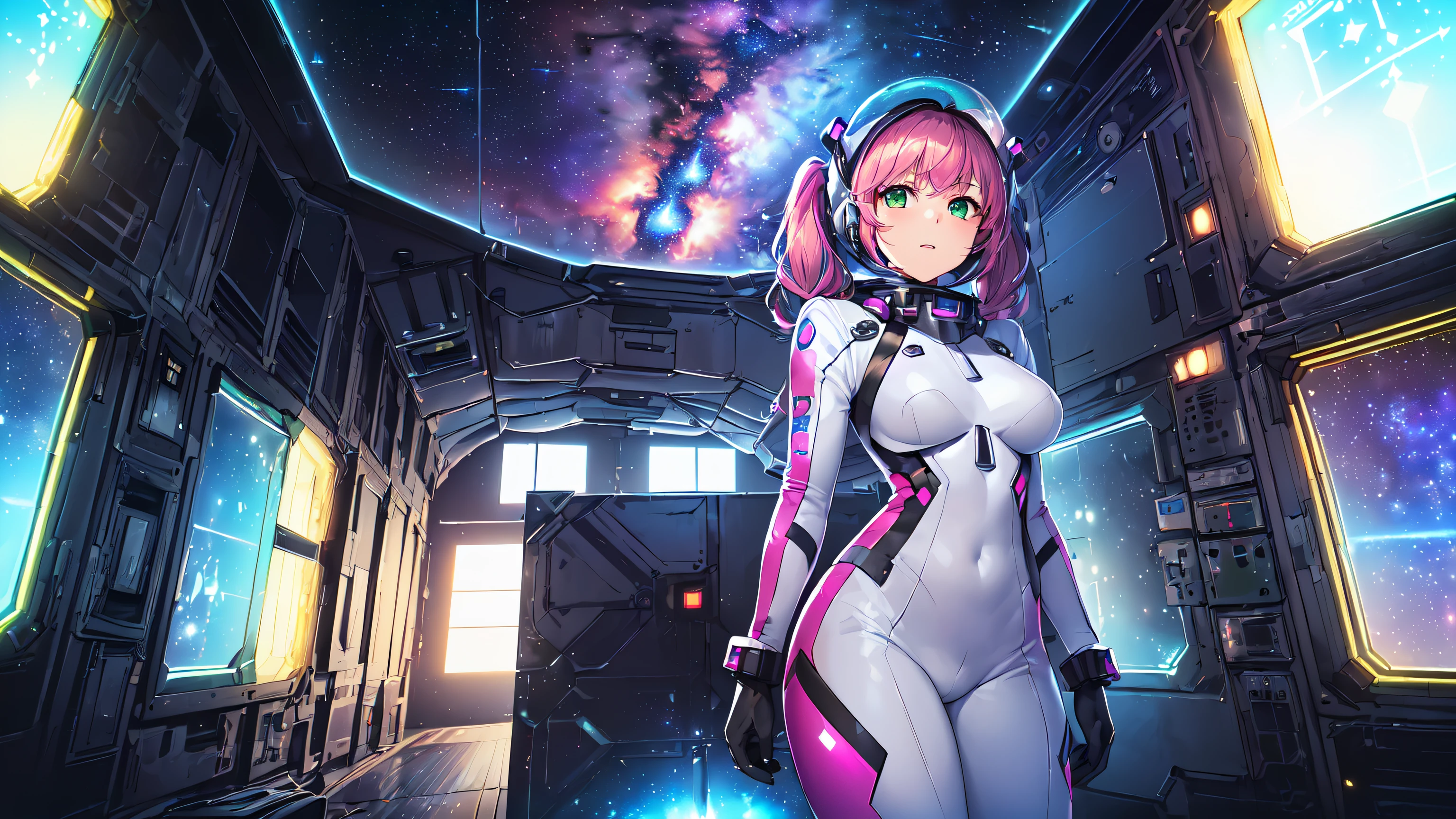 masterpiece, 1girl ((20year old, dressed in a futuristic tight spacesuit, boots, medium breasts:1.1, multicolor pink hair, twin ponytails, perfect model body:1.3, detailed green eyes:1.5, wearing futuristic space helmet, looking toward viewer, standing in a space station observatory room with windows and a galaxy of stars and nebula:1.2, cowboy shot:1.4, fun and exciting atmosphere:1.2)) ((solo:1.7)) ((evening time))
