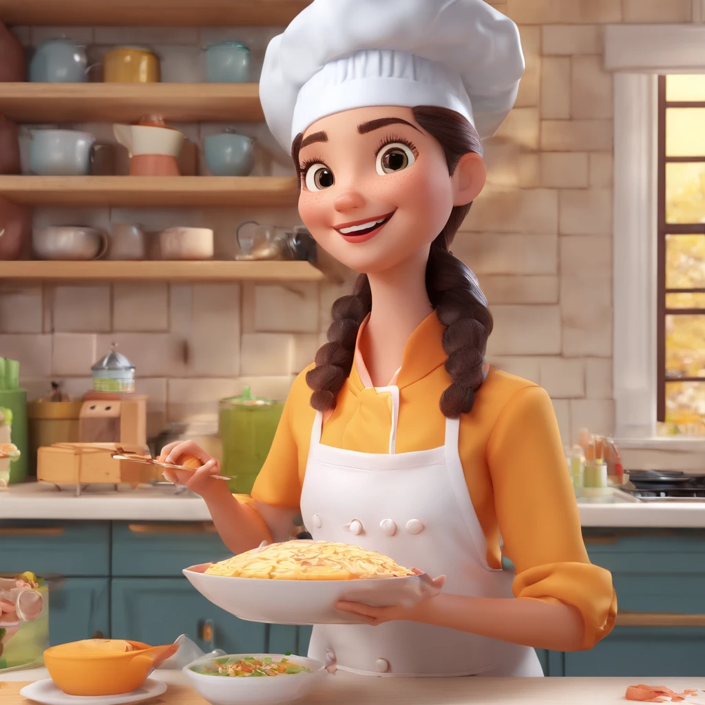Crie uma cena de desenho animado estilo 3d -Pixar, Onde uma mulher, de cabelos lisos castanhos com 35 anos de idade, She's cooking dressed as a pastry chef.