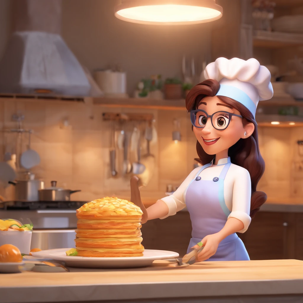 Crie uma cena de desenho animado estilo 3d -Pixar, Onde uma mulher, de cabelos lisos castanhos com 35 anos de idade, She's cooking dressed as a pastry chef.