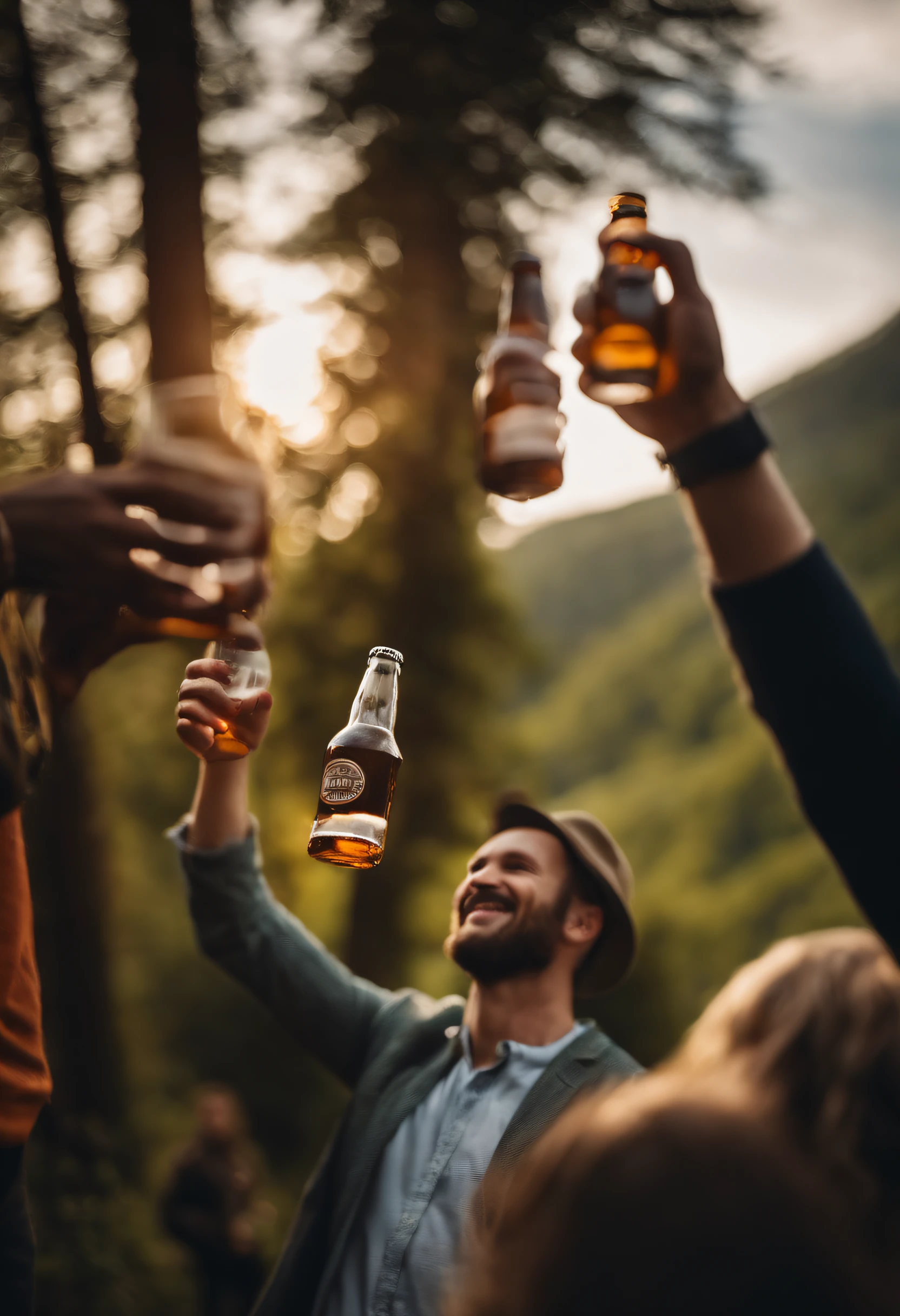 friends celebrating amid nature holding bottle of craft beer mome happy moment light environment and trees and mountain