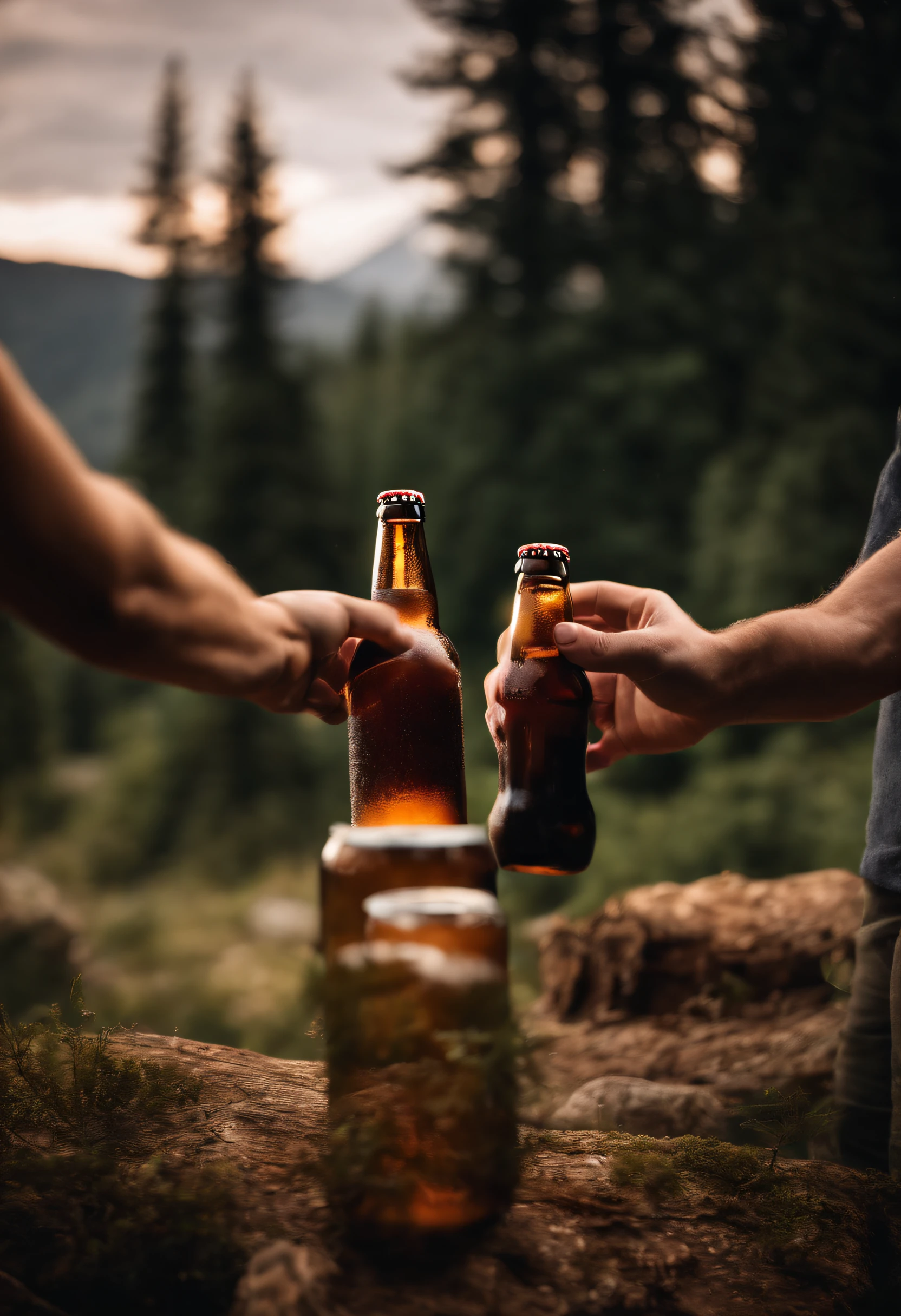 friends celebrating amid nature holding bottle of craft beer mome happy moment light environment and trees and mountain