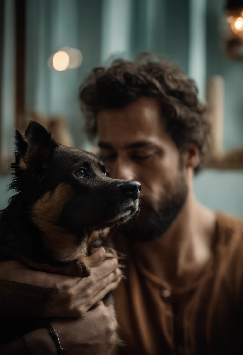 Homem loiro olhos azuis alto barbudo com um cachorro enorme