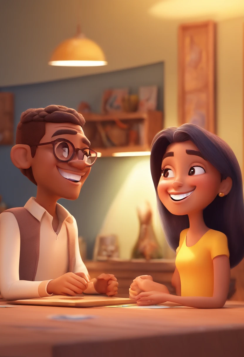 An illustration of an adorable couple, Highlight for a chubby mulatto man with glasses smiling and a brunette woman with beautiful expressive eyes - the man's skin is mulatto and the man's hair haswhile the woman's skin is black and the woman's hair is straight and brown. They are a bright room, cada um com um sorriso no rosto, e compartilhar um momento especial caracterizado pelo amor, Insights. Illustrate this scene from a perspective where they are facing the camera, Smiling and Showing Your Connection. Desenvolva esta arte em Full HD, Focus on your cinematic touch, Estilo Disney Pixar Animations