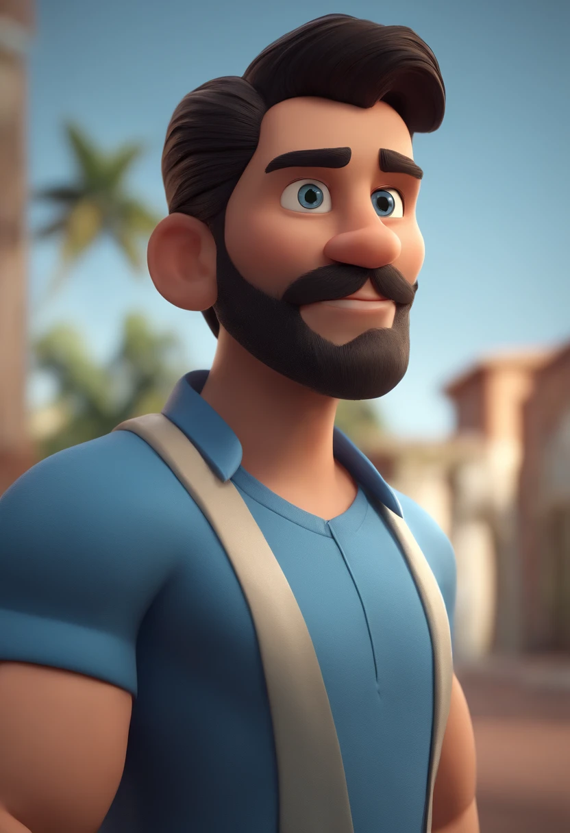 personagem dos desenhos animados de um homem em uma camisa azul, barba feita e sorrindo. cabelo preto penteado pro lado, animation character, Caractere estilizado, animation style rendering, 3D estilizado, Arnold Maya render, 3 d render stylized, toon render keyshot, Personagem 3D, Personagem 3D, 3d rendering stylized, 3 d character render, personagem de desenho animado, Personagem de close up, Pose de personagem, (Estilo Pixar) (master part:1.2) (Bokeh) (melhor qualidade) (pele detalhada) (textura detalhada) (8k) (argila) (Cinematic lighting) (foco nítido