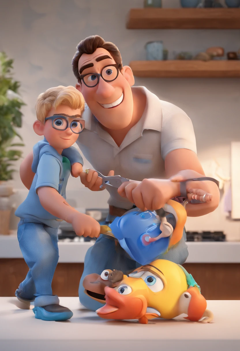 Estilo Pixar: The grown man is holding a naked blue-eyed boy and in his other hand he is holding a pair of scissors and is trying to cut off the boy's testicles,3D Poster,Disney