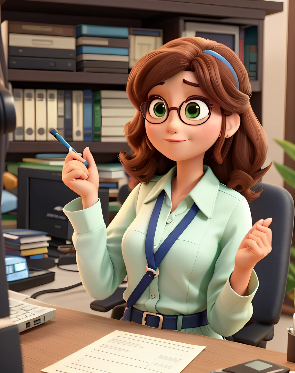 Mulher de 50 anos com papeis na mesa e participando de uma chamada em grupo, sentada no ambiente de trabalho em frente ao computador. Roupa de trabalhar. Estilo pixar disney alta qualidade, melhor qualidade