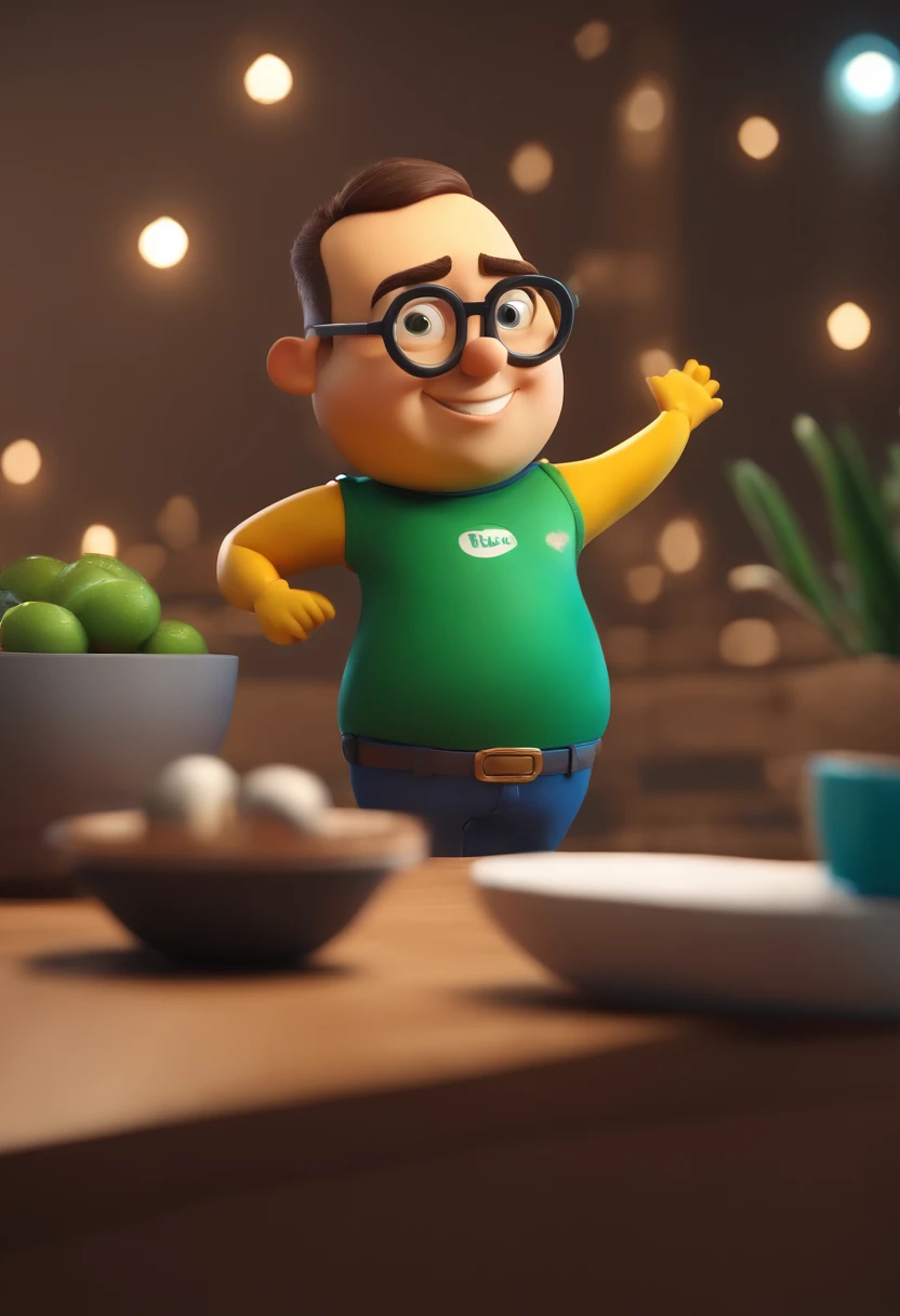 Cartoon character of a man wearing blue glasses and a green shirt, um personagem animado, Caractere estilizado, animation style rendering, 3D estilizado, Arnold Maya render, 3 d render stylized, toon render keyshot, Personagem 3D, Personagem 3D, 3d rendering stylized, 3 d character render, personagem de desenho animado, Personagem de close up, Pose de personagem, (Estilo Pixar) (master part:1.2) (Bokeh) (best quality) (pele detalhada) (textura detalhada) (8k) (argila) (Cinematic lighting) (foco nítido,Senta e vaza a parte superior do corpo