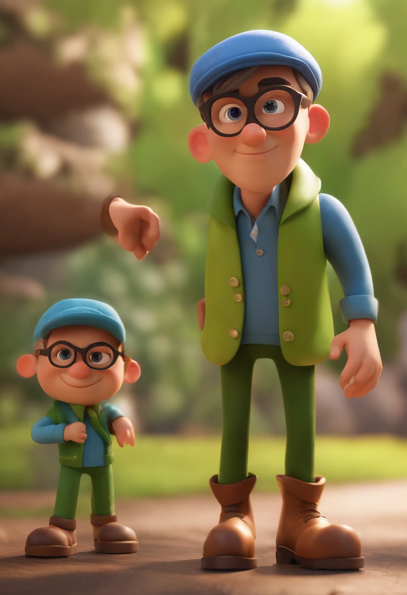 Cartoon character of a man wearing blue glasses and a green shirt, um personagem animado, Caractere estilizado, animation style rendering, 3D estilizado, Arnold Maya render, 3 d render stylized, toon render keyshot, Personagem 3D, Personagem 3D, 3d rendering stylized, 3 d character render, personagem de desenho animado, Personagem de close up, Pose de personagem, (Estilo Pixar) (master part:1.2) (Bokeh) (best quality) (pele detalhada) (textura detalhada) (8k) (argila) (Cinematic lighting) (foco nítido，Senta e vaza a parte superior do corpo