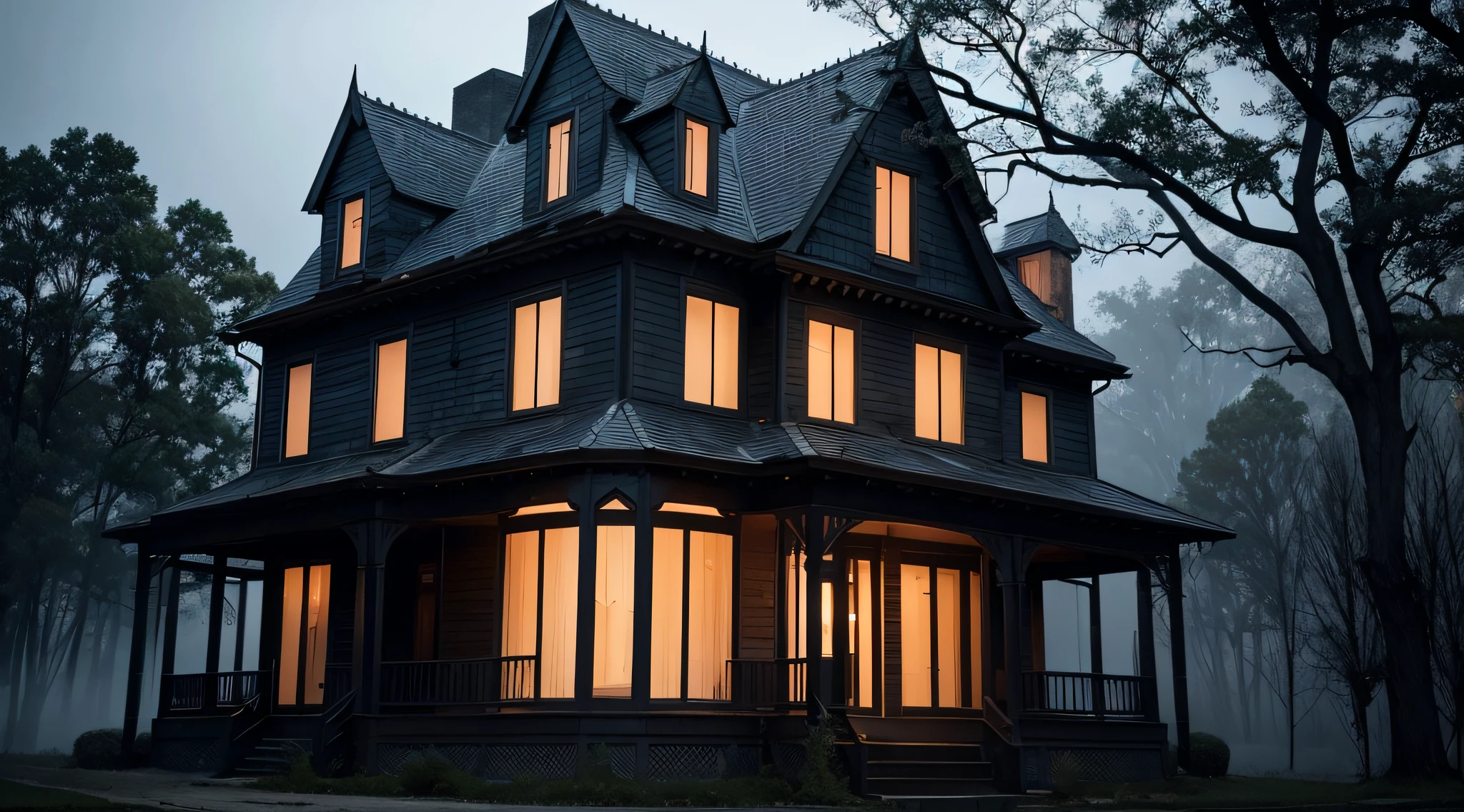 Generate an image of a haunted house on a dark, foggy night, with eerie lights flickering in the windows and twisted, leafless trees in the front yard
