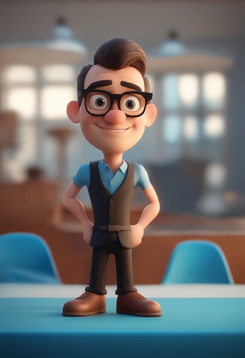 Cartoon character of a man wearing black glasses and a blue shirt, um personagem animado, Caractere estilizado, animation style rendering, 3D estilizado, Arnold Maya render, 3 d render stylized, toon render keyshot, Personagem 3D, Personagem 3D, 3d rendering stylized, 3 d character render, personagem de desenho animado, Personagem de close up, Pose de personagem, (Estilo Pixar) (master part:1.2) (Bokeh) (best quality) (pele detalhada) (textura detalhada) (8k) (argila) (Cinematic lighting) (foco nítido,Senta e vaza a parte superior do corpo