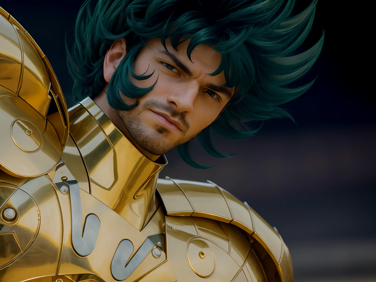 (masterpiece), (realistic) low angle, close up portrait of an man, (male), 30 years old, spanish, (1boy), solo, serious, looking at viewer, wearing an medieval armor, (full body armor), (golden armor), chrome gold, (detailed armor), (ornate armor), dark green hair, (hair blowing in wind), (hair chops), upper body, night and stars background, sharp focus, cinematic lighting,