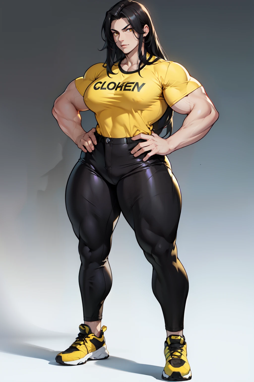 (1girl) pale skin huge breasts muscular toned bodythick thighs black hair yellow eyes (tight shirt and pants full body long hair) bodybuilder