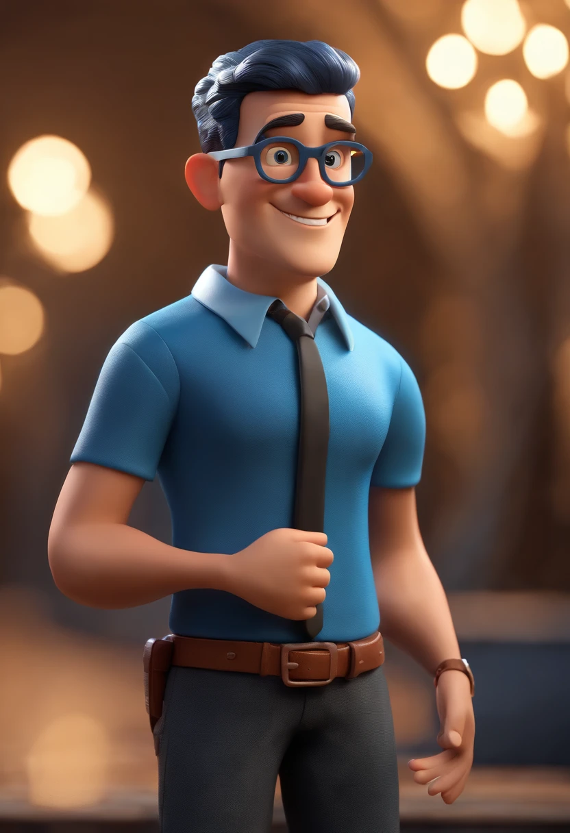 Cartoon character of a man wearing black glasses and a blue shirt, um personagem animado, Caractere estilizado, animation style rendering, 3D estilizado, Arnold Maya render, 3 d render stylized, toon render keyshot, Personagem 3D, Personagem 3D, 3d rendering stylized, 3 d character render, personagem de desenho animado, Personagem de close up, Pose de personagem, (Estilo Pixar) (master part:1.2) (Bokeh) (best quality) (pele detalhada) (textura detalhada) (8k) (argila) (Cinematic lighting) (foco nítido,Senta e vaza a parte superior do corpo