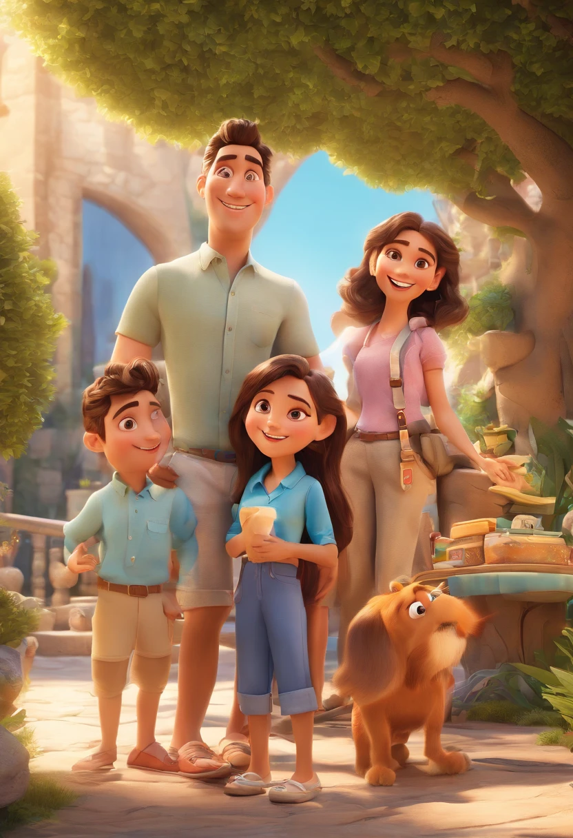 Cartoon of friends having fun on vacation together,  3D Animation Movie Poster, Poster de filme animado, pixar 3 d animation style, pixar renderman rendering, maia 8 mil, animated film, Disney Pixar Estilo 3D, amigos felizes saem juntos, all wearing light blue shirts and cream brown long pants, camisa azul clara, cream brown pants, ao ar livre, vacation, Disney Pixar Animation Poster