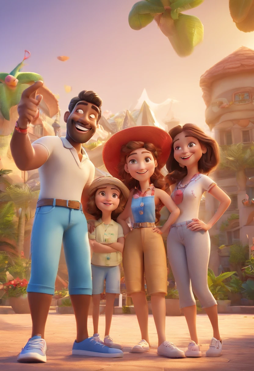 Cartoon of friends having fun on vacation together, 3D Animation Movie Poster, Poster de filme animado, pixar 3 d animation style, pixar renderman rendering, maia 8 mil, animated film, Disney Pixar Estilo 3D, amigos felizes saem juntos, all wearing light blue shirts and cream brown long pants, camisa azul clara, cream brown pants, ao ar livre, vacation, Disney Pixar Animation Poster