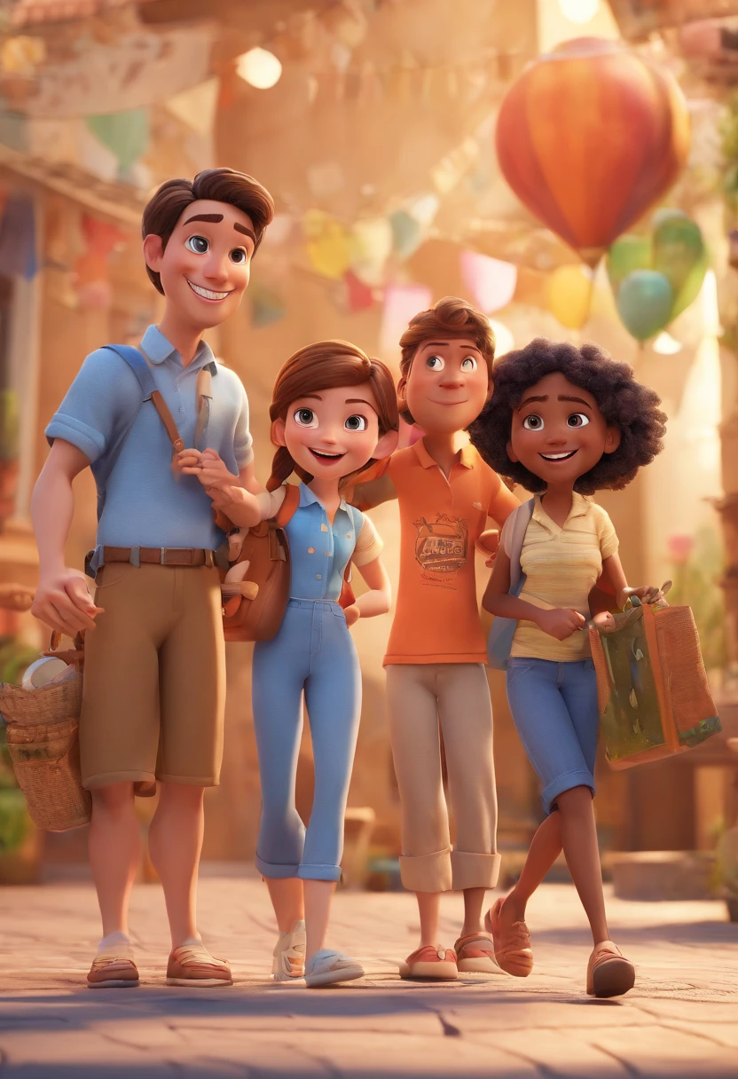 Cartoon of friends having fun on vacation together,  3D Animation Movie Poster, Poster de filme animado, pixar 3 d animation style, pixar renderman rendering, maia 8 mil, animated film, Disney Pixar Estilo 3D, amigos felizes saem juntos, all wearing light blue shirts and cream brown long pants, camisa azul clara, cream brown pants, ao ar livre, vacation, Disney Pixar Animation Poster