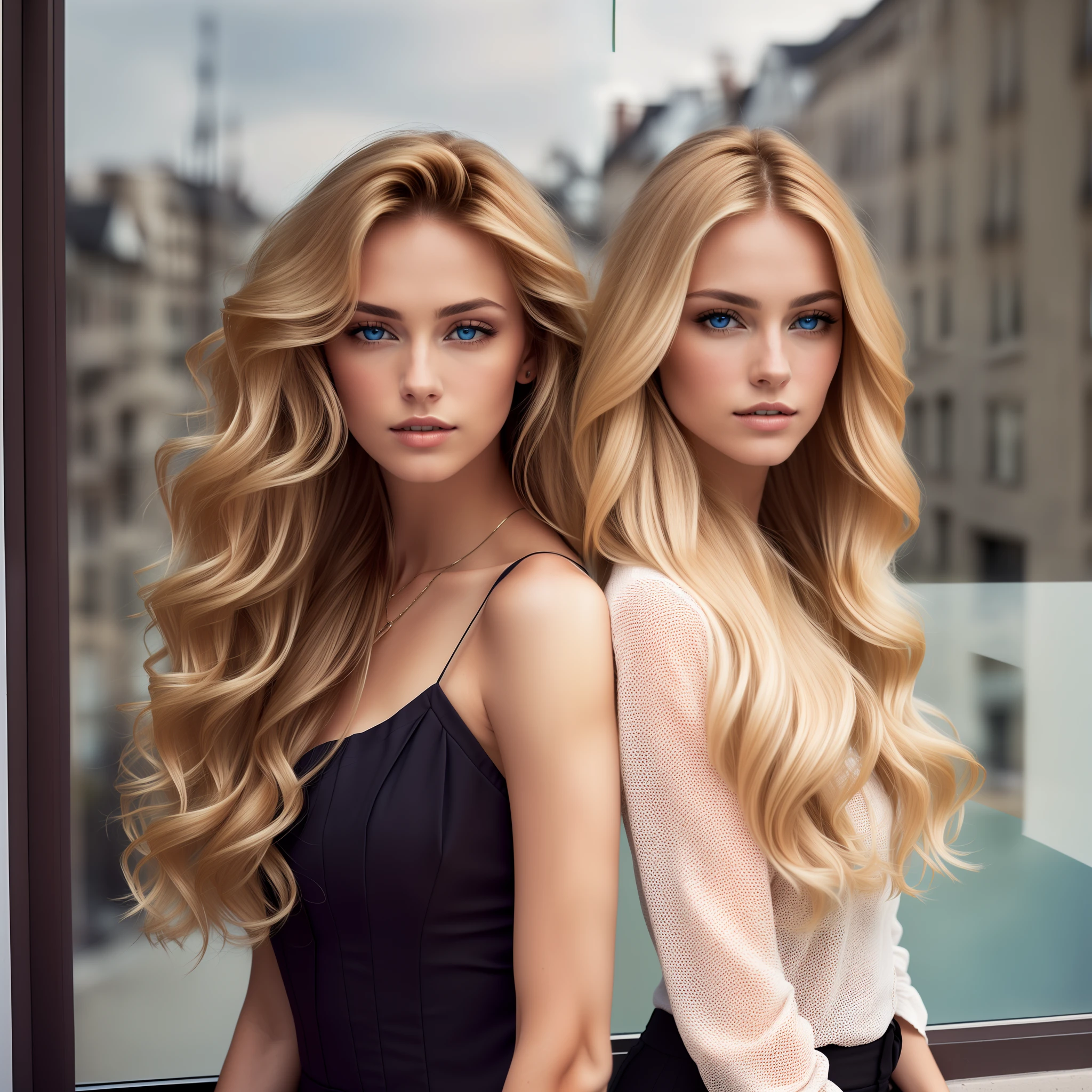 blond haired women standing in front of a window with a glass, glam hair, long luxurious blond hair, long luxurious light blond hair, elegant hair, long wavy blond hair, redahair and attractive features, sleek blond hair, blonde women, two very different models in the frame, blonde and attractive features, appealing long hair, long blonde or red hair, with long hair, blue eyes