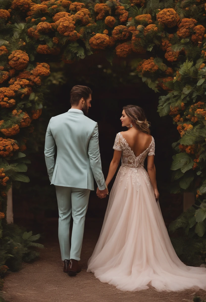 Casal com roupa social, com fundo de plantas