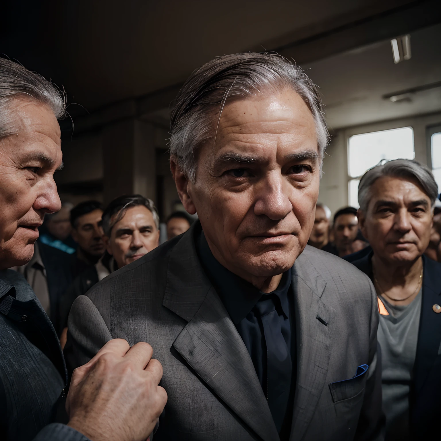(old politician:1.1,discoursing:1.2,election campaign:1.2),realistic portrait photography,reactionary militarist politician in a formal suit,gray hair,strong facial expression,talking passionately,firm handshake with supporters,vivid colors,warm lighting.