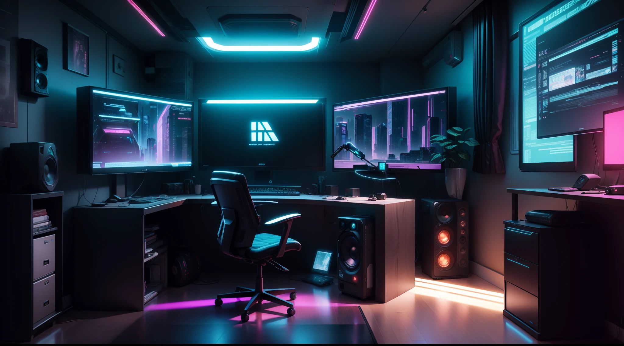 There is a computer desk with a monitor, Speakers & Monitor, cyberpunk setting, cyberpunk atmosphere, Cyberpunk lighting, Cyberpunk interior, Cyberpunk bedroom at night, 3 d render beeple, In the room, designed in the style of cyberpunk, cyberpunk atmosphere, Cyberpunk Teen Bedroom, cyberpunk with neon lighting, Cyberpunk Apartment, hyper realistic cyberpunk style, Muted cyberpunk style, Cyberpunk bedroom, Living room