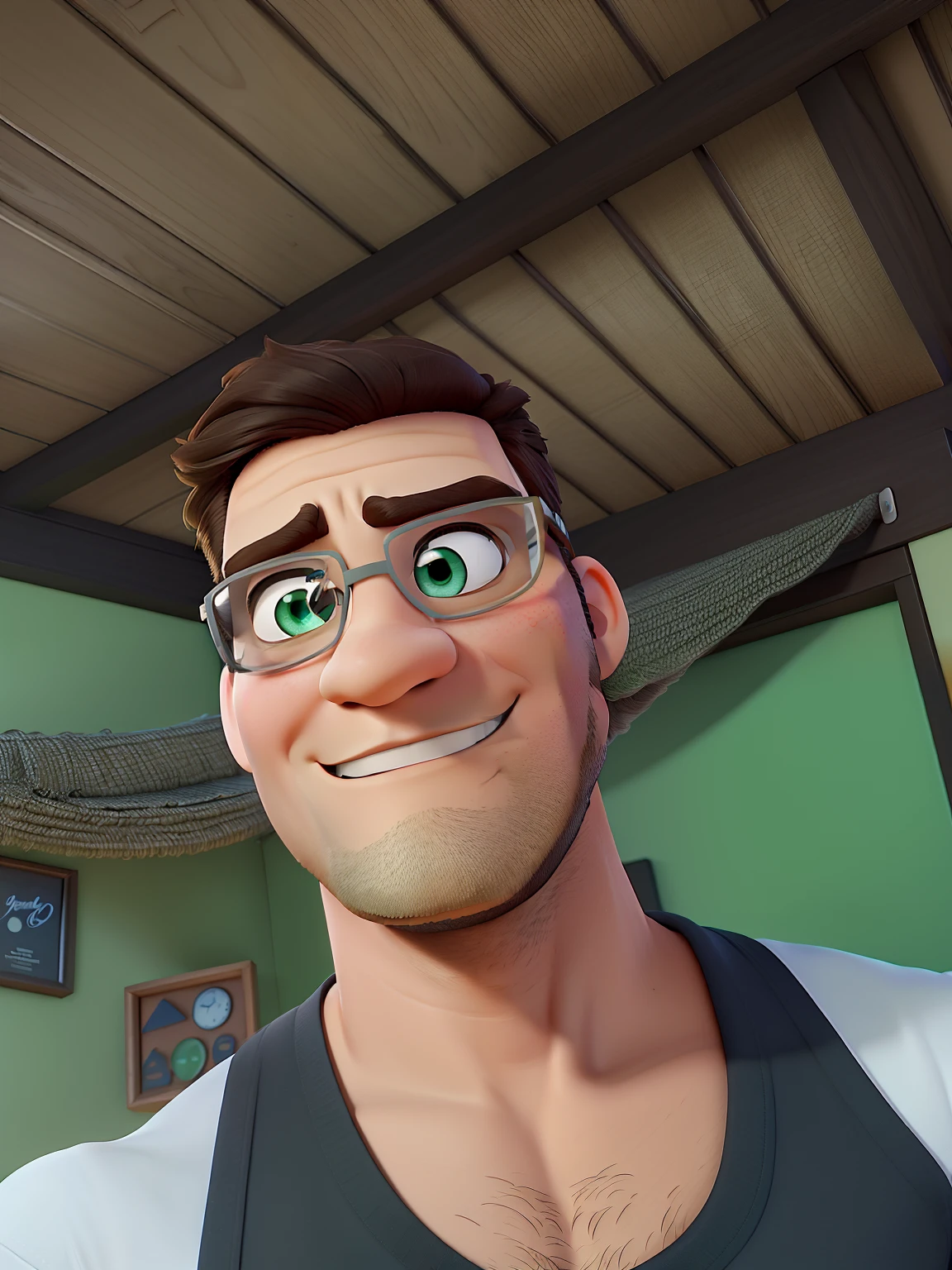Poster no estilo Disney pixar, alta qualidade, melhor qualidade, homem sexy branco, 30 anos cabelo preto e barba preta, musculoso, with professional camera, Green eyes and glasses with background in a candlelight restaurant