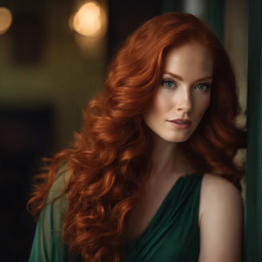 there is a woman with red hair and green eyes posing for a picture, ginger wavy hair, beautiful redhead woman, flowing ginger hair, redhead woman, red hair and attractive features, with red hair and green eyes, red curled hair, long curl red hair, wavy big red hair, beauty retouch, redhead girl, woman with red hair, curly red hair,full body picture , tall, zoom out ,
