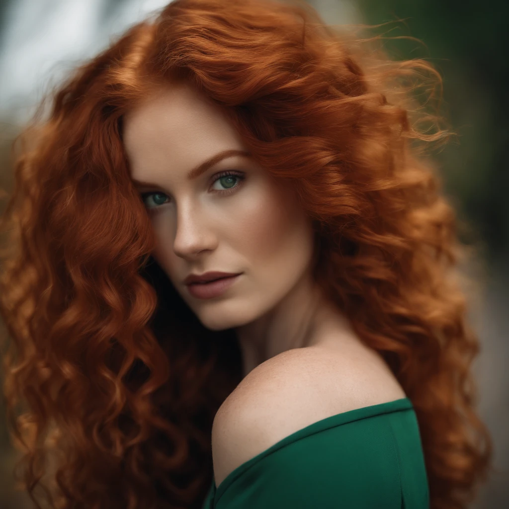 there is a woman with red hair and green eyes posing for a picture, ginger wavy hair, beautiful redhead woman, flowing ginger hair, redhead woman, red hair and attractive features, with red hair and green eyes, red curled hair, long curl red hair, wavy big red hair, beauty retouch, redhead girl, woman with red hair, curly red hair,full body picture , tall, zoom out ,