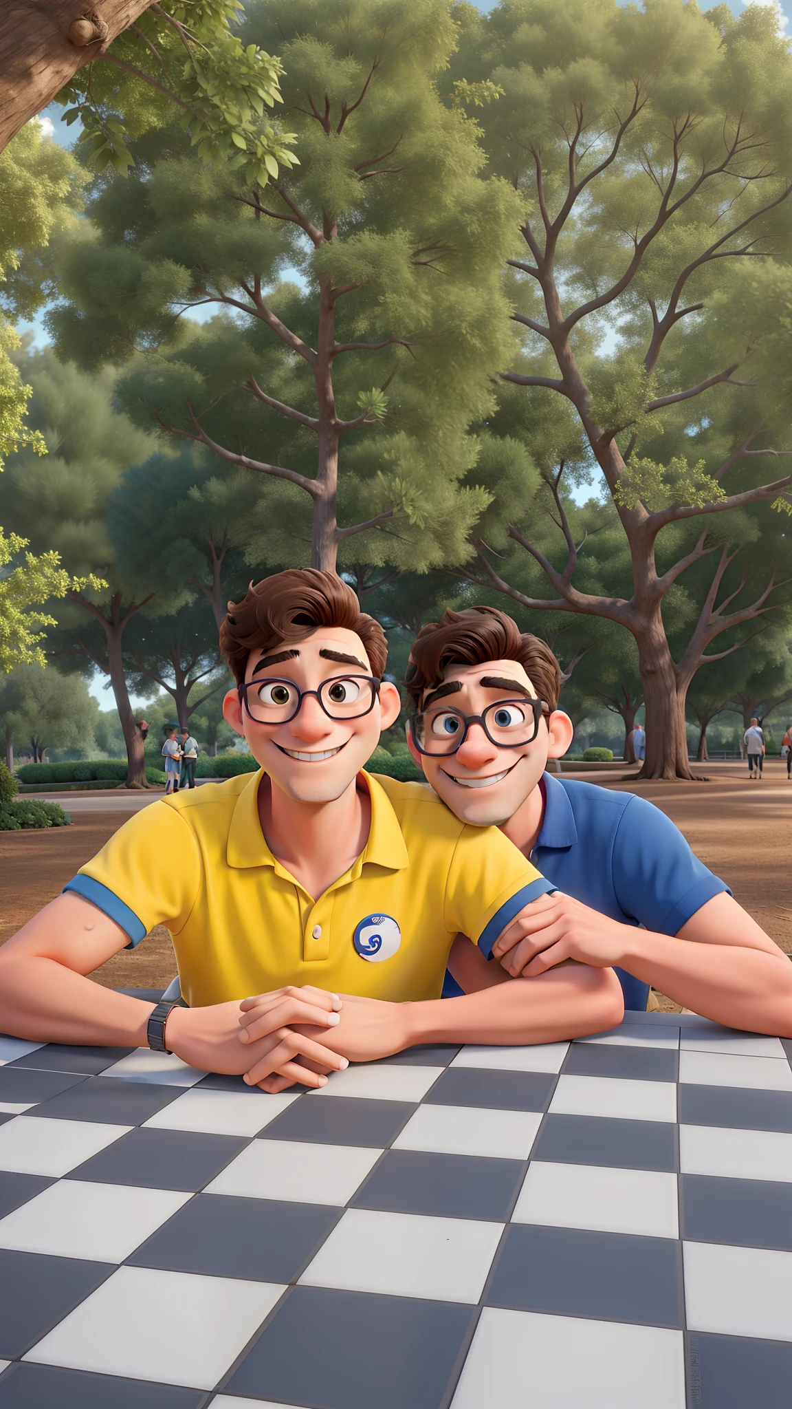 Disney style couple with glasses smiling in the park.